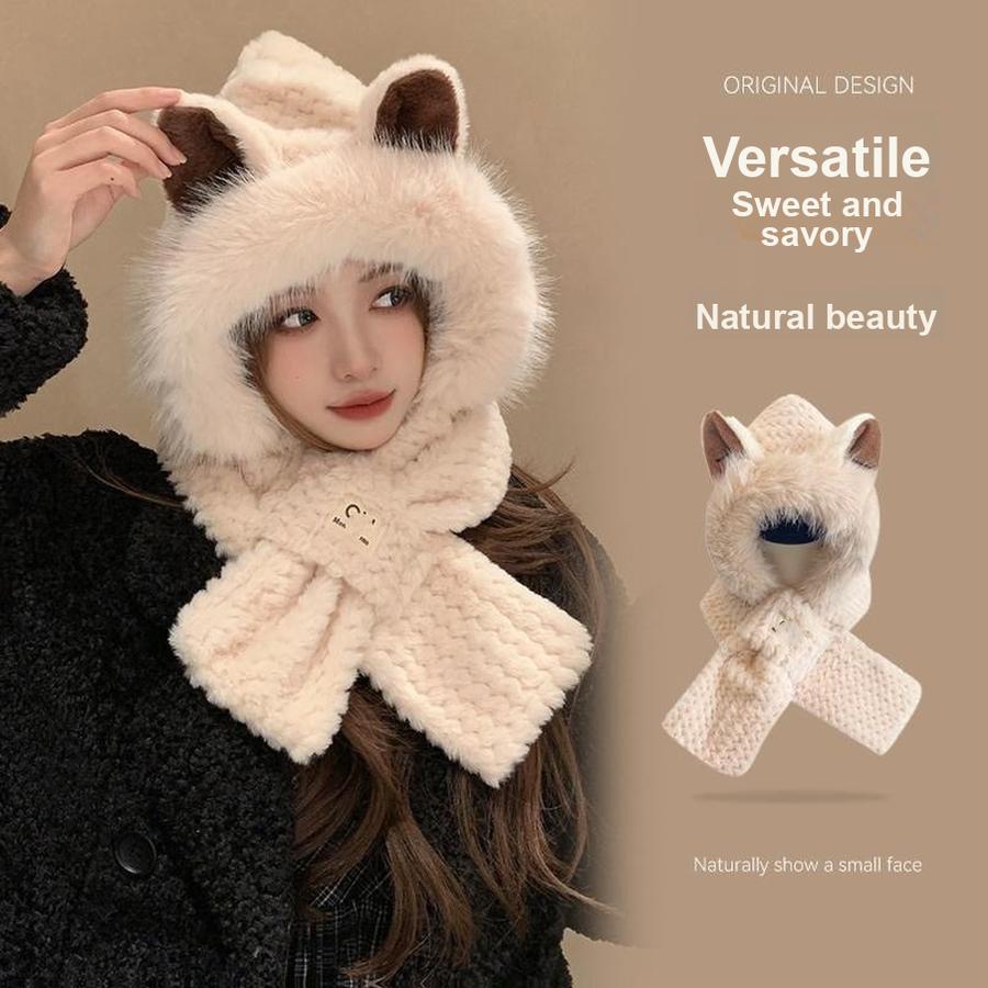 Winter Plush Hat for Women, Cute Matching Scarf Set, Fleece-Lined Warm Earflap Hat for Cycling and Cold Weather