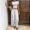 White Wide Leg Pants with Lace Trim Hem