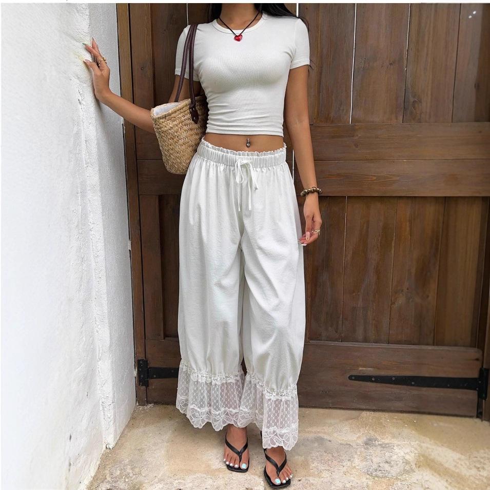 White Wide Leg Pants with Lace Trim Hem