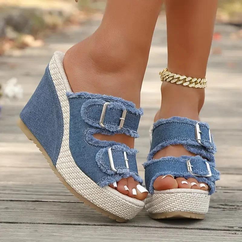 Fashion Summer Women Platform Sandals Casual Double Buckle Strap Sandals Fashion Straw Weaving Thick Sole Denim Shoes Slides Women