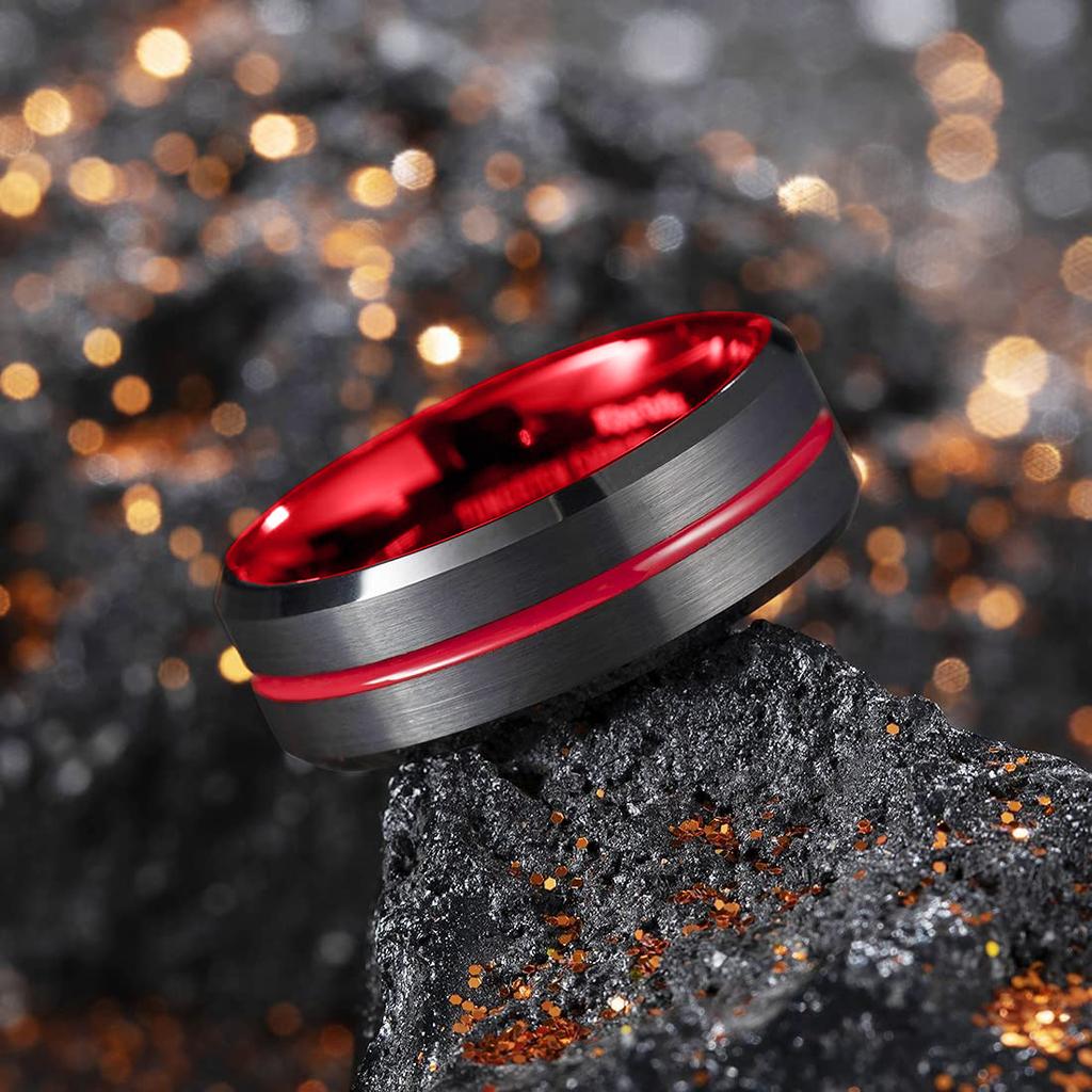 Classic 8mm Men's Red Groove Beveled Edge Black Stainless Steel Men Wedding Rings Black Brushed Male Bridal Engagement Ring