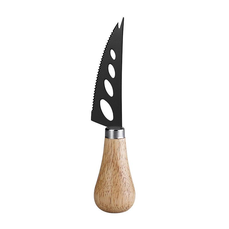 Black Stainless Steel Cheese Knife Set with Rubber Wood Handles - Includes Knife, Fork, and Spatula