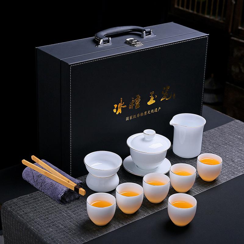 High-grade Suet Jade Ice Seed Jade Porcelain Kung Fu Tea Set Company Business Gift Household Cover Bowl Gift Box