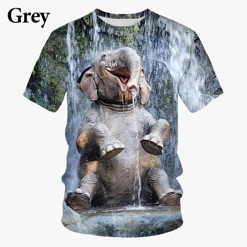 Summer Round Neck 3D Elephant  Pattern Print Top Fashionable Casual Hip-hop Personality Short Sleeved Men's T-shirts