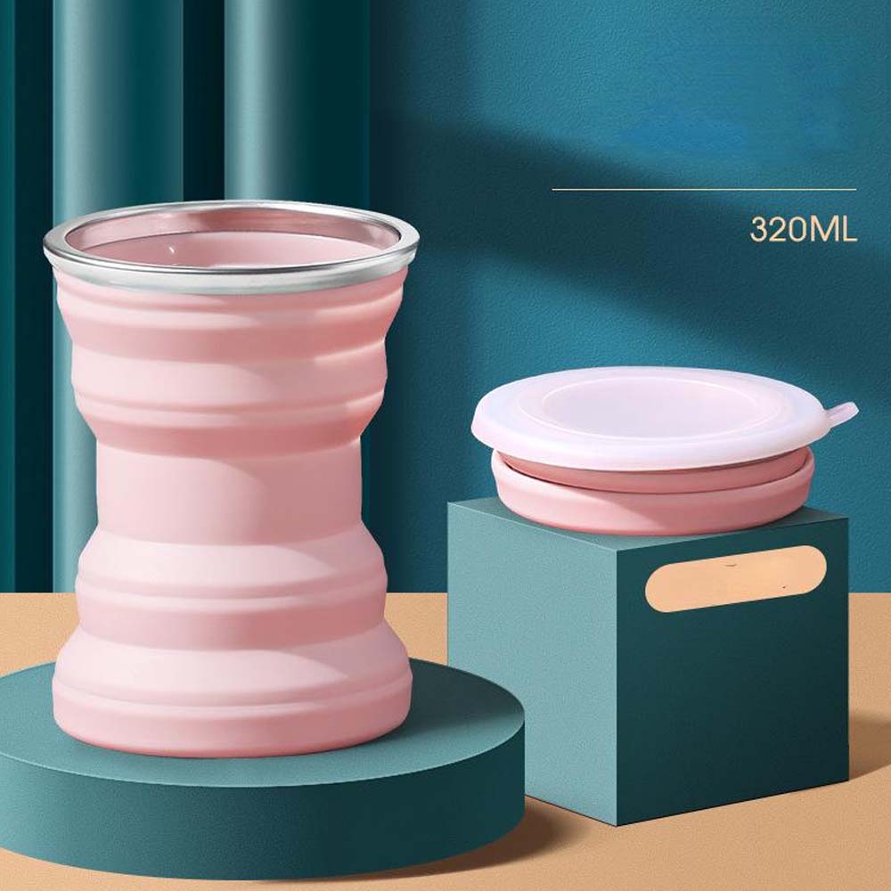 

Складная чашка для воды с крышкой 320 мл, силиконовое стекло для путешествий, телескопическая, для питья кофе, складная, складная, легко носить с собой розовый