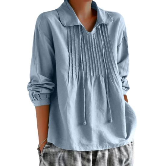 Women Spring Shirt Turn-down Collar Tassel Solid Color Loose Soft Pleated Pullover