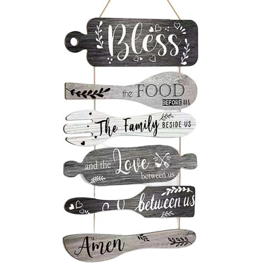 Wooden Kitchen Quote Sign Rustic Hanging for Wall Decor, Cutlery Design Home Art with Inspirational Family Slogan & Lanyard Farmhouse Decoration Solid