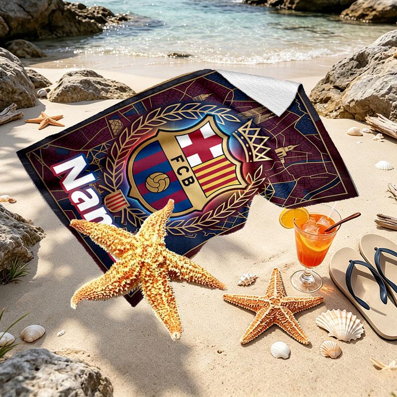 Personalisierter Strandtuch mit individuellem Namen, FC Barcelona Druck, für Reise, Camping, Strandparty, Heimdekoration, Geburtstagsgeschenk für Familie & Freunde