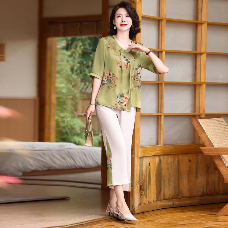 

Летний элегантный шифоновый костюм-двойка для женщин среднего и пожилого возраста, лето 2025 XL