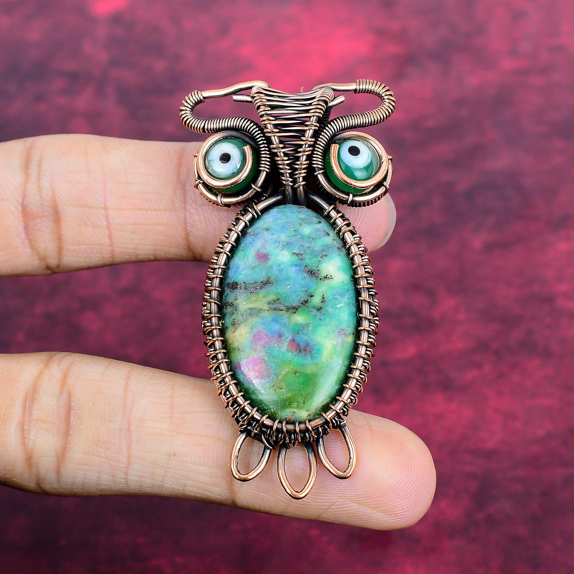 Ruby Fuchsite Gemstone Pendant Handmade Green Evil Eye Pendant Copper Wire Wrapped Owl Jewelry