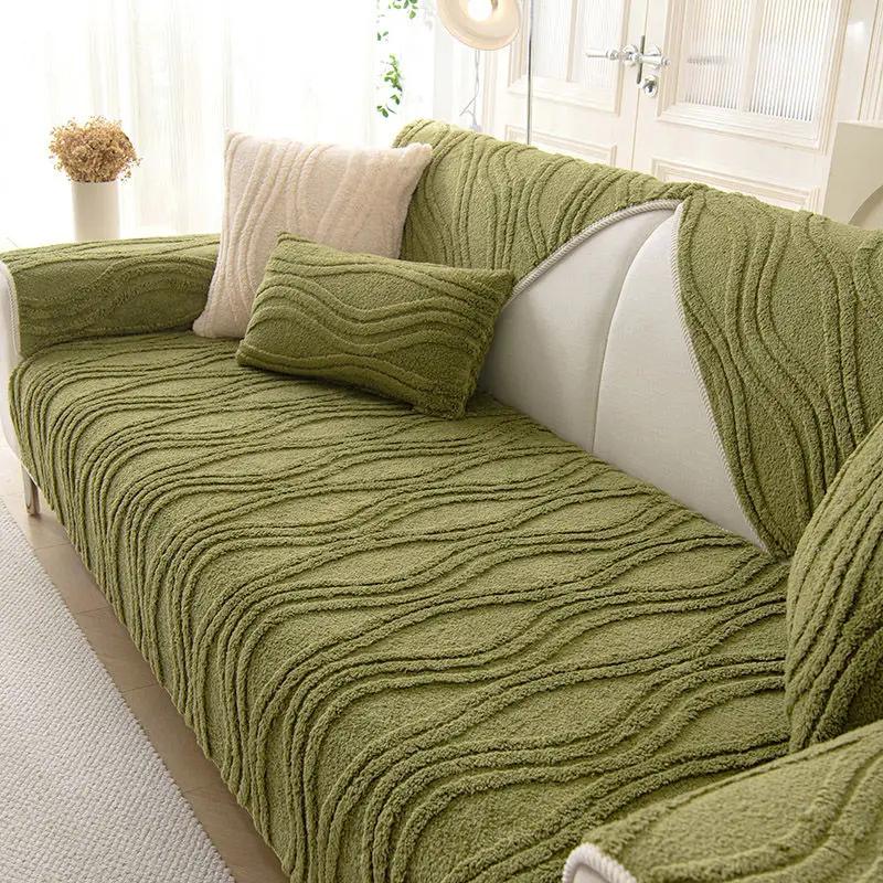Dickes Plüsch-Sofakissen, rutschfestes Sofatuch, Winterdecke, dicke Decke, einfarbig, Sofabezug, dreidimensionales Wellenmuster