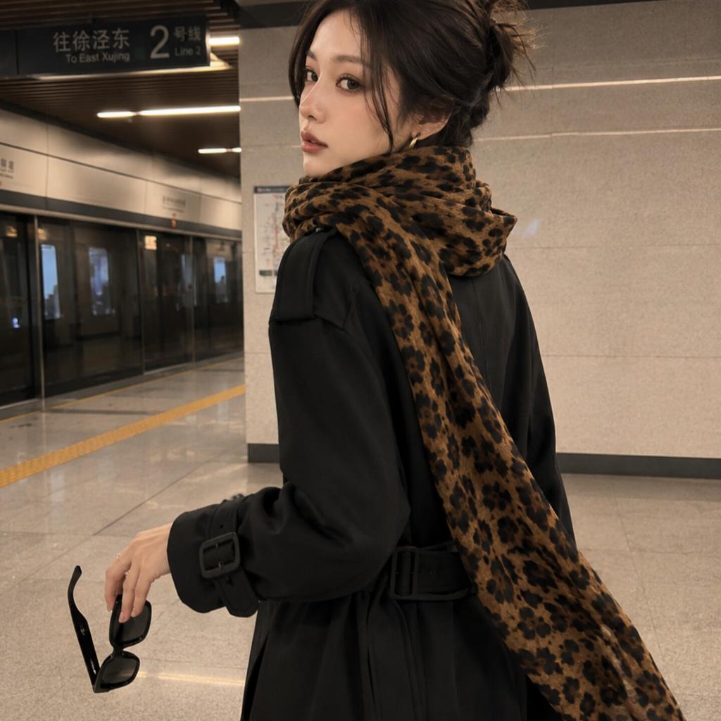 Brown Leopard Print Scarf Women's Winter New High-end Retro Versatile Warm Scarf Shawl Dual-purpose Silk Scarf