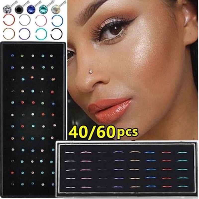 40/60Pcs Women Nose Piercing Ring Steel Silver Surgical Hoop Cartilage Stud