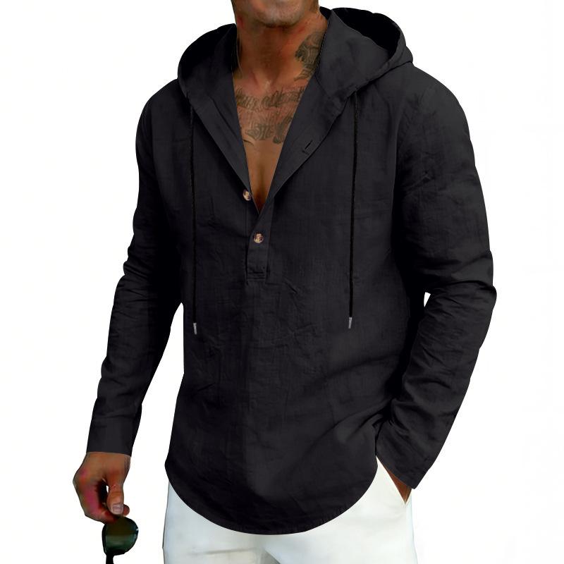 Men’s Casual Linen Hooded Top, Long-sleeved Half-Button-Up Henley Shirt, Spring/Autumn Breathable Beach Top