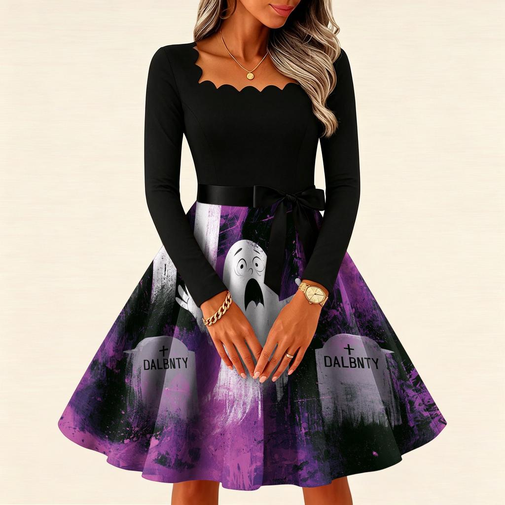 Women's Vintage Long Sleeve Square Neck Dress with Halloween Print for Party Evening Wear