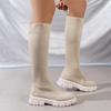 Thick Sole Knitted Long Boots Women Elastic Socks Over Knee Round Toe Low Heels Botas De Mujer 2024