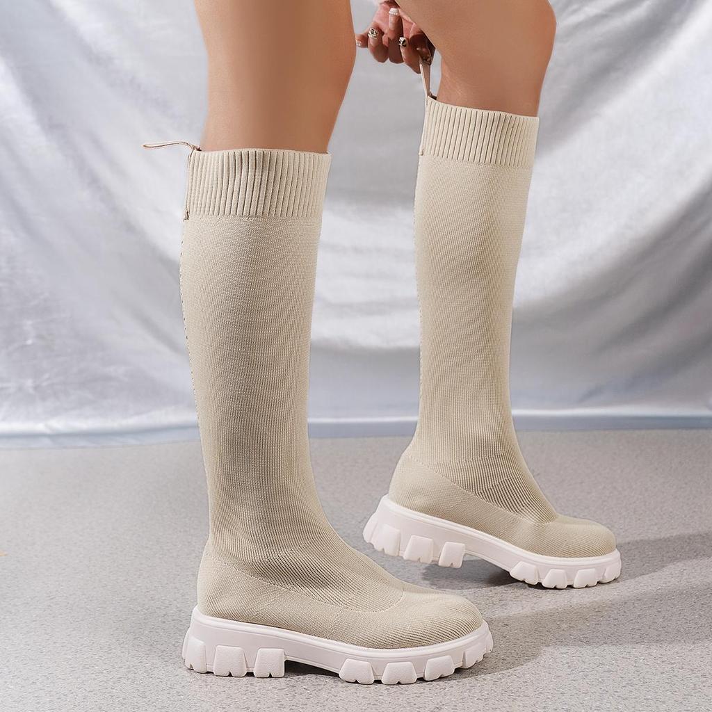 Thick Sole Knitted Long Boots Women Elastic Socks Over Knee Round Toe Low Heels Botas De Mujer 2024