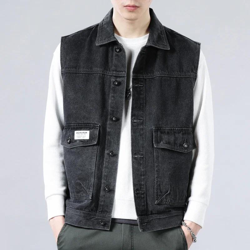 Vintage Washed Denim Vest Men's Spring and Autumn Korean Fashionable Blue Loose Sleeveless Jacket Youth Casual Multi-Pocket Vest