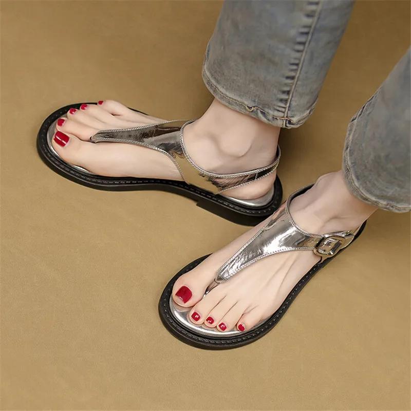 Fashion Summer Sandals Leather Women Shoes Round Toe Low Heel Sandals for Women Handmade Clip Toe Fashion Sandals and Slippers