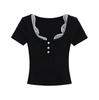 Summer New Female Spice Girl Style Contrasting Color Lace Square Neck Short-sleeved T-shirt Slim-fitting Design Bottoming Top