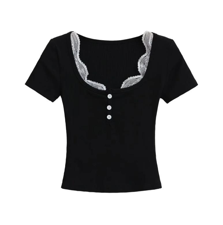 Summer New Female Spice Girl Style Contrasting Color Lace Square Neck Short-sleeved T-shirt Slim-fitting Design Bottoming Top