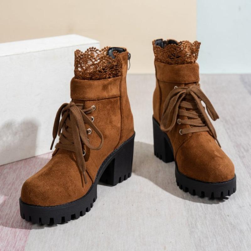 Plus-size Shoes, High-heeled, Chunk-heeled Fashion Boots, Women's Round-toe Lace-up, Back-zipped Ankle Boots