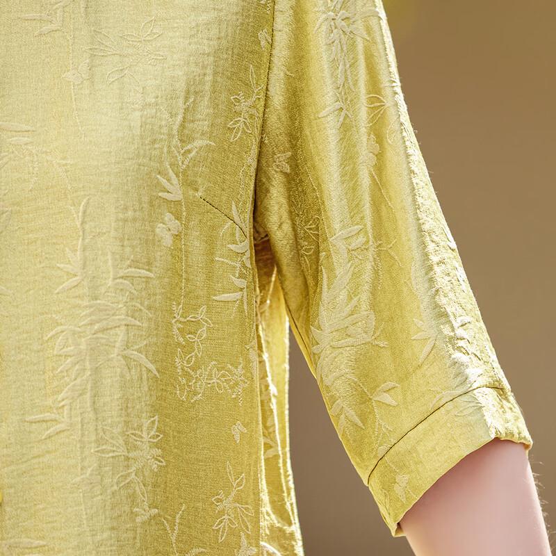 Hemd im chinesischen Stil mit Bambusblattdruck und Stehkragen für Frauen mittleren Alters