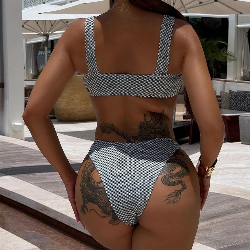 Black White Plaid Brazilian High Cut Bikini Female Swimsuit Two-pieces Bikini Set Women Swimwear Bather Bathing Suit Swim