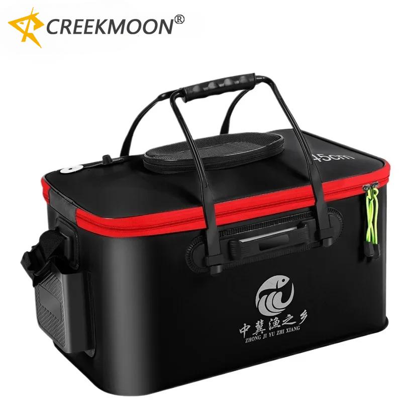 New 30-50cm Fishing Bucket EVA Foldable Carrying Handle Collapsible Live Fish Box with Side Pocket and Zipper for Travel Camping