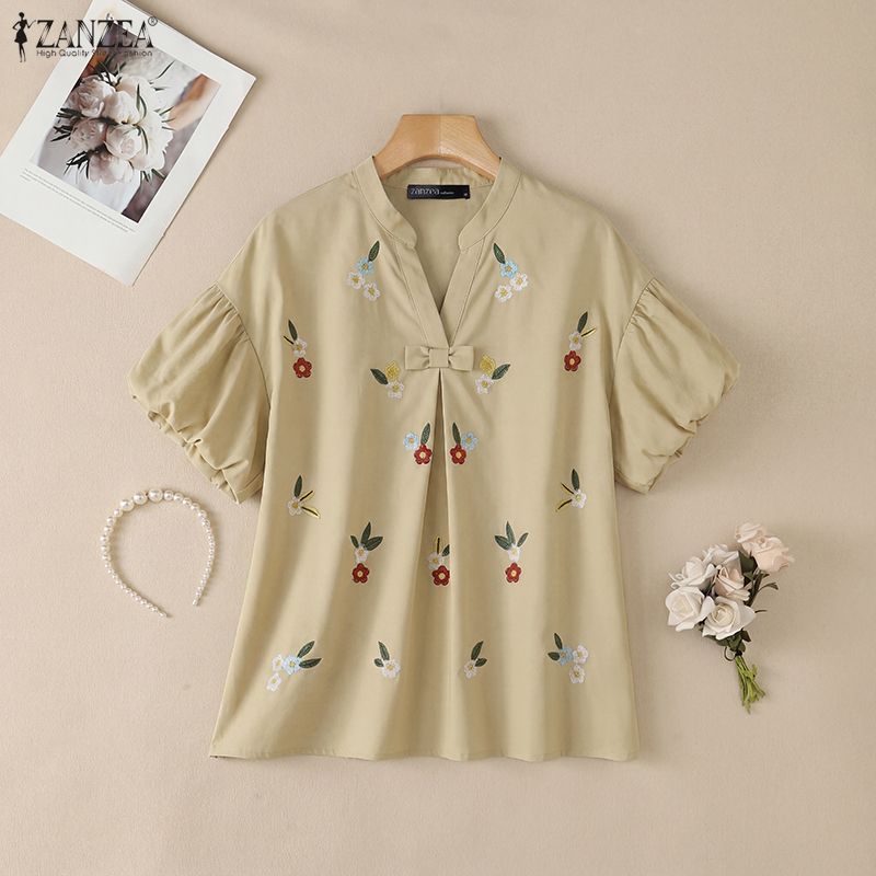 ZANZEA Women Casual V-Neck Loose Floral Print Short Sleeve Blouse