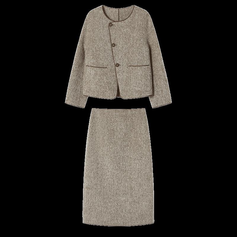 Women's Elegant Wool Blend Double-Faced Skirt Suit