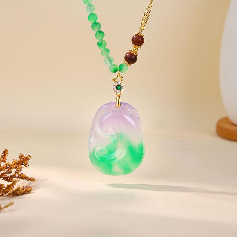 Women's Ruyi Necklace: Spring Color Jade, Floating Flower Pendant, Dongling Jade & Glazed Bead Chain
