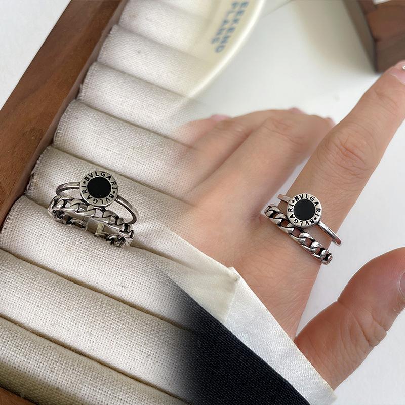 Black Drip Glaze Retro Thai Silver Jewelry Women's Non-fading High-end Open Ring
