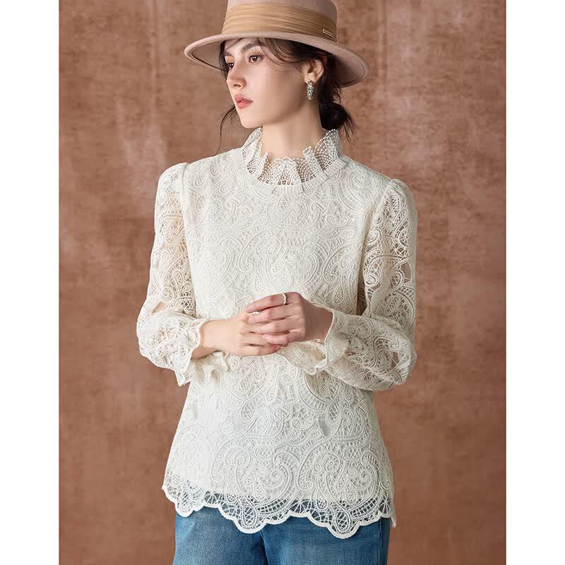 Elegant Lace Hollow Out Stand-up Collar Blouse