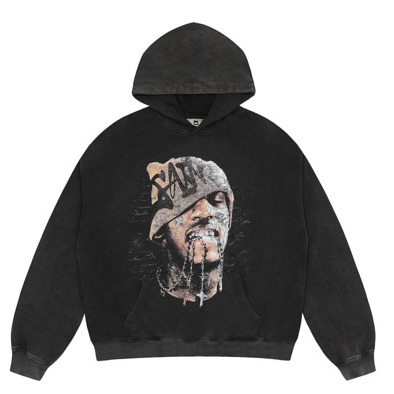 Mens Vintage Washed Hoodie With Distressed Graphic Print Loose Fit Cotton Pullover Fall Casual Wear