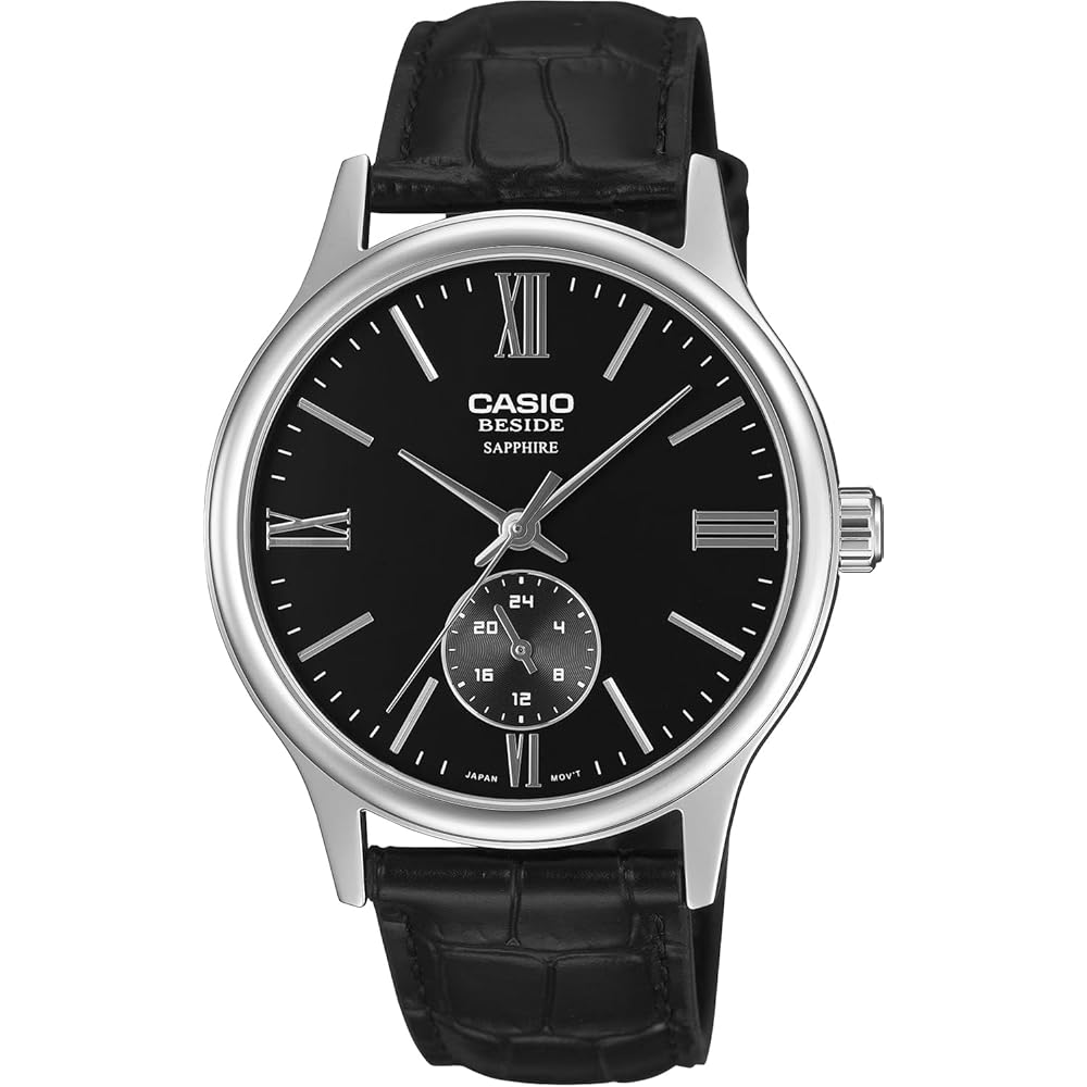 Casio Beside Quartz Men s Watch Sapphire Glass Black Leather Band 24-Hour Display Black