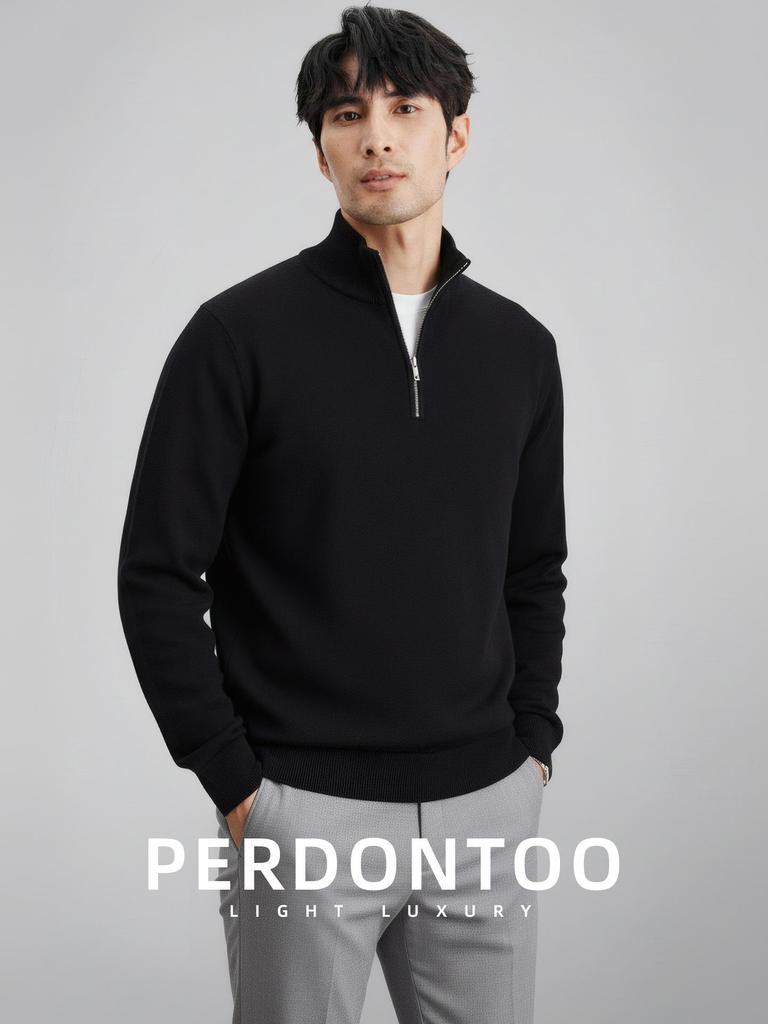 Luxurious, Soft, and Skin-friendly Men's Slim-fit Half-zip Stand-collar Wool Sweater; Thickened for Warmth In Autumn and Winter.