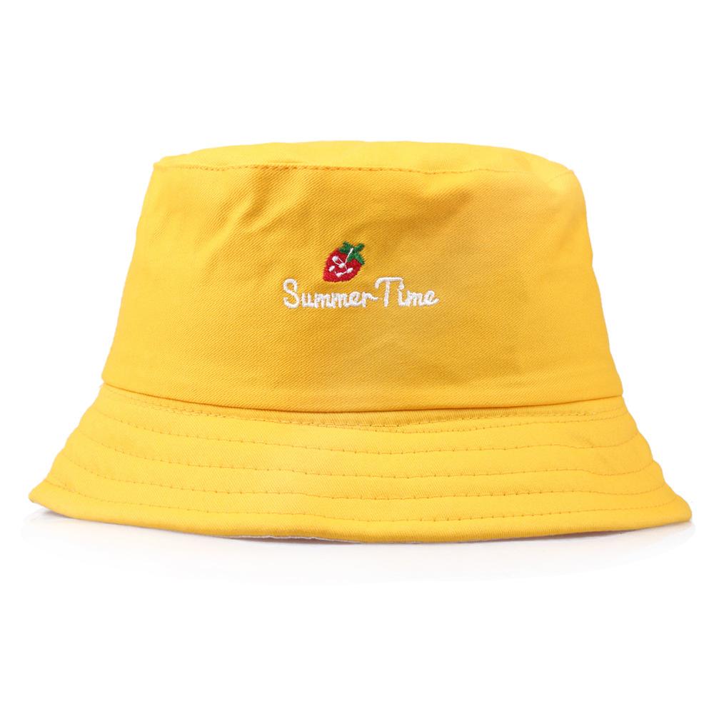 Broderte bøttehatt Koreansk versjon av de nydelige bokstavene Jordbærbrodert fiskehatt Sommer solhatter