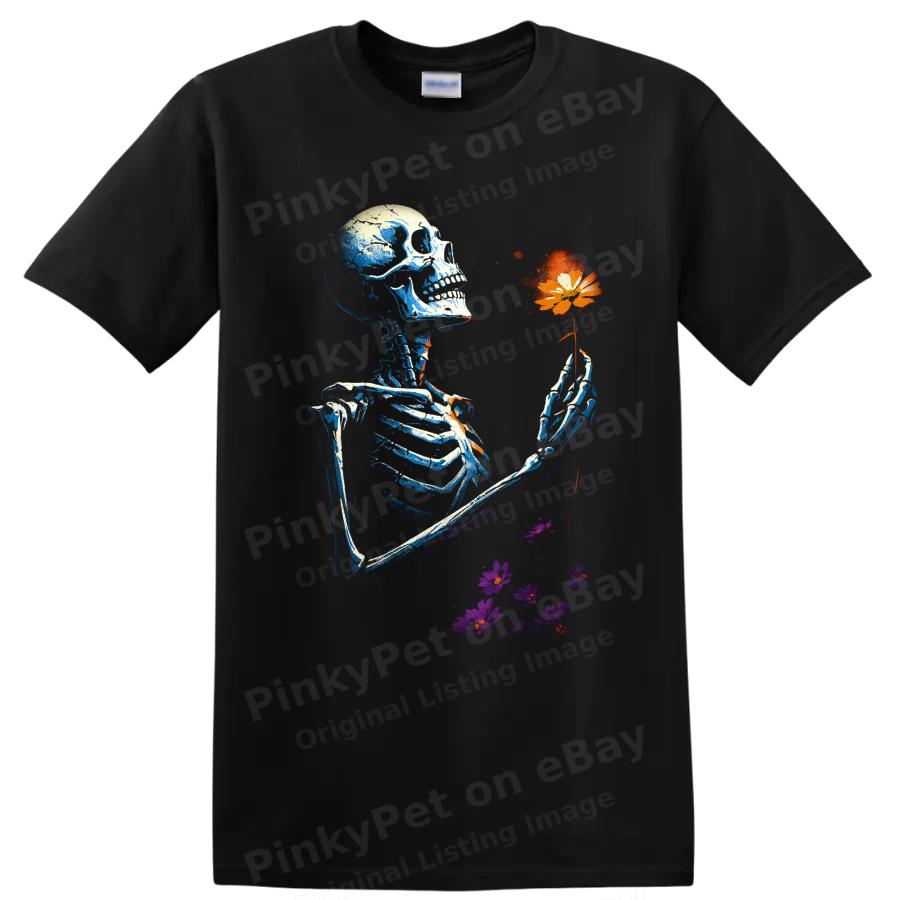 Skeleton Holding Flower T Shirt Gothic Floral Art Graphic Tee Halloween Gift