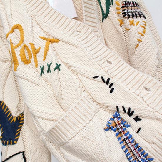 V Neck Long Sleeves Pockets Ribbed Trim Knitted Coat Winter Embroidery Letter Pattern