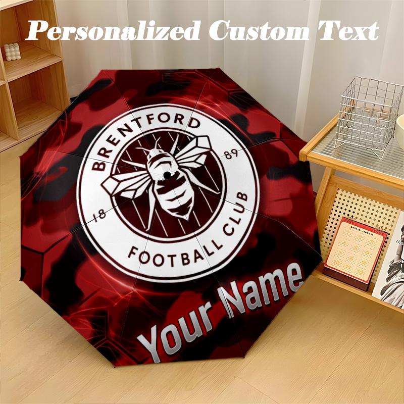 8 Rib Auto Folding Umbrella Brentford Football Print Custom Name Text Portable Rain Gear
