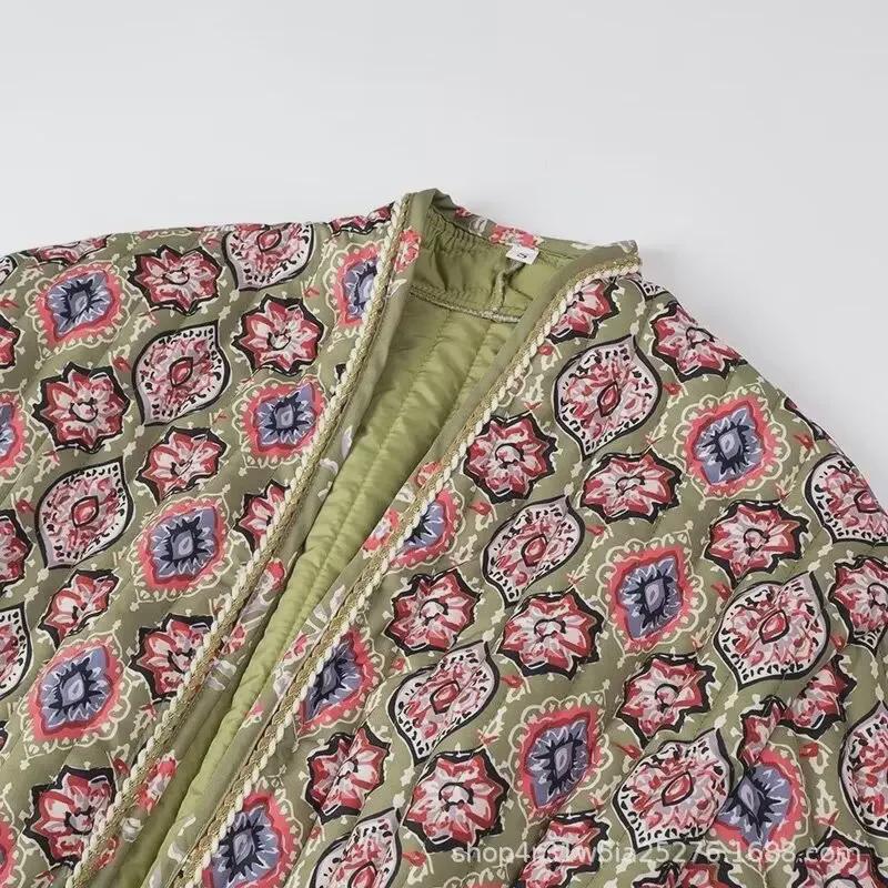 Manteau en coton à imprimé rétro français 2024: Mode européenne et américaine, vêtements pour femmes ceinturés, coupe ample et manches longues