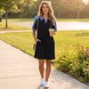 Women’s Casual Denim Patchwork Dress Short Sleeve Loose Fit T Shirt Dress with Pockets and Printed Design for Everyday Wear