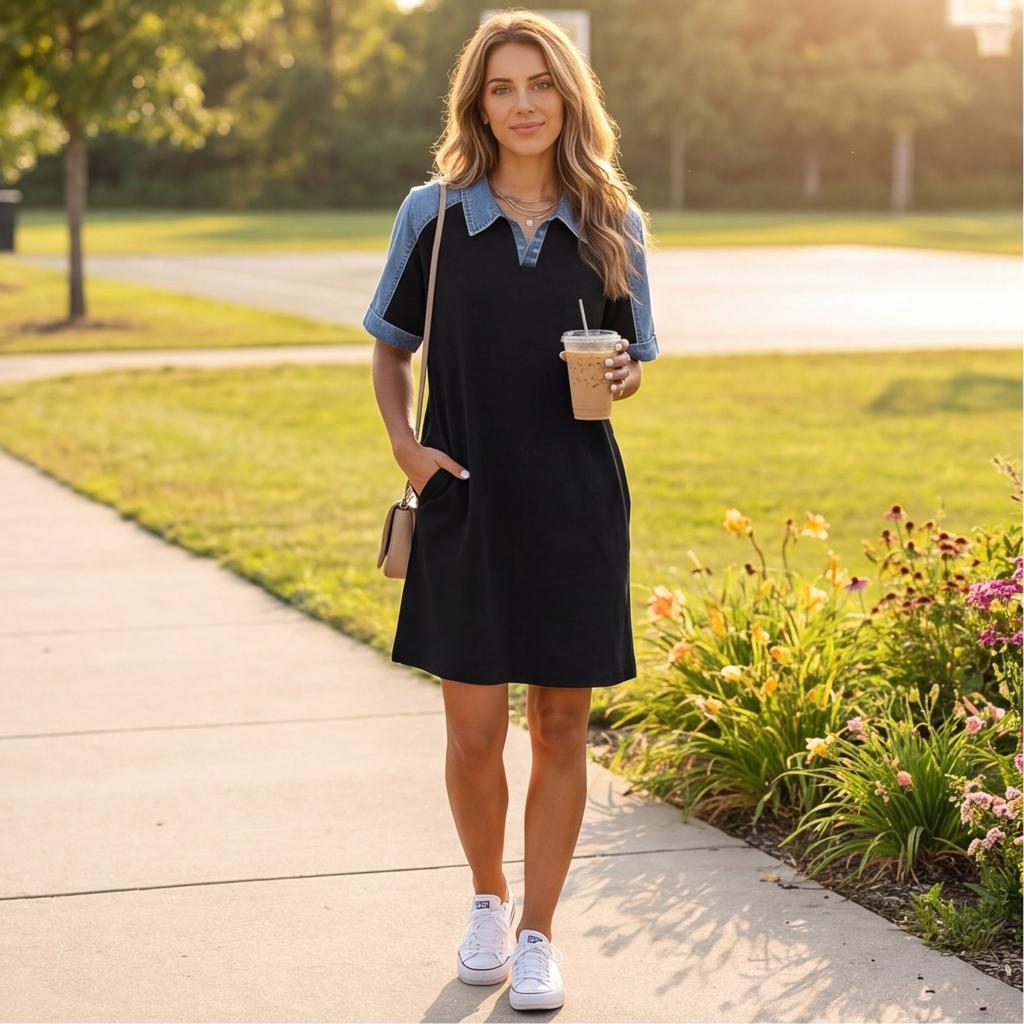 Women’s Casual Denim Patchwork Dress Short Sleeve Loose Fit T Shirt Dress with Pockets and Printed Design for Everyday Wear