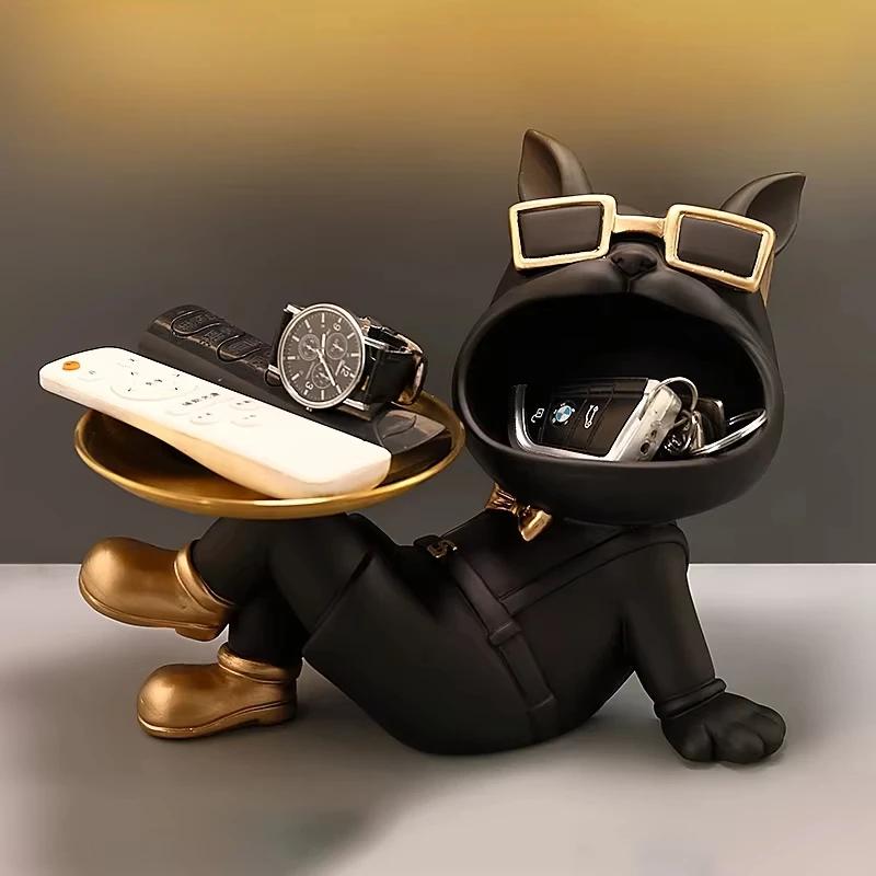 Resin Dog Statue Living Room Decor Dog Sculpture Table Tray Ornaments French Bulldog Figurine for Home Interior Desk Decoration