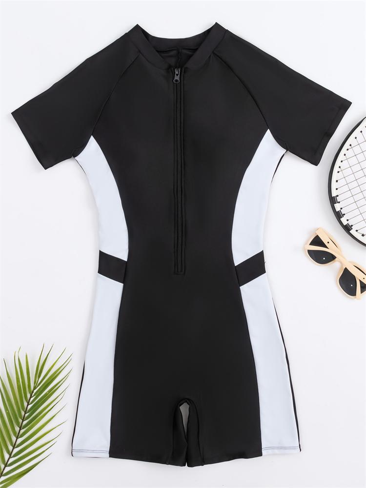 

Слитный купальник женский 2025 новый черный с короткими рукавами на молнии сексуальный боди купальник летние шорты пляжная одежда купальный костюм женский XL чёрный