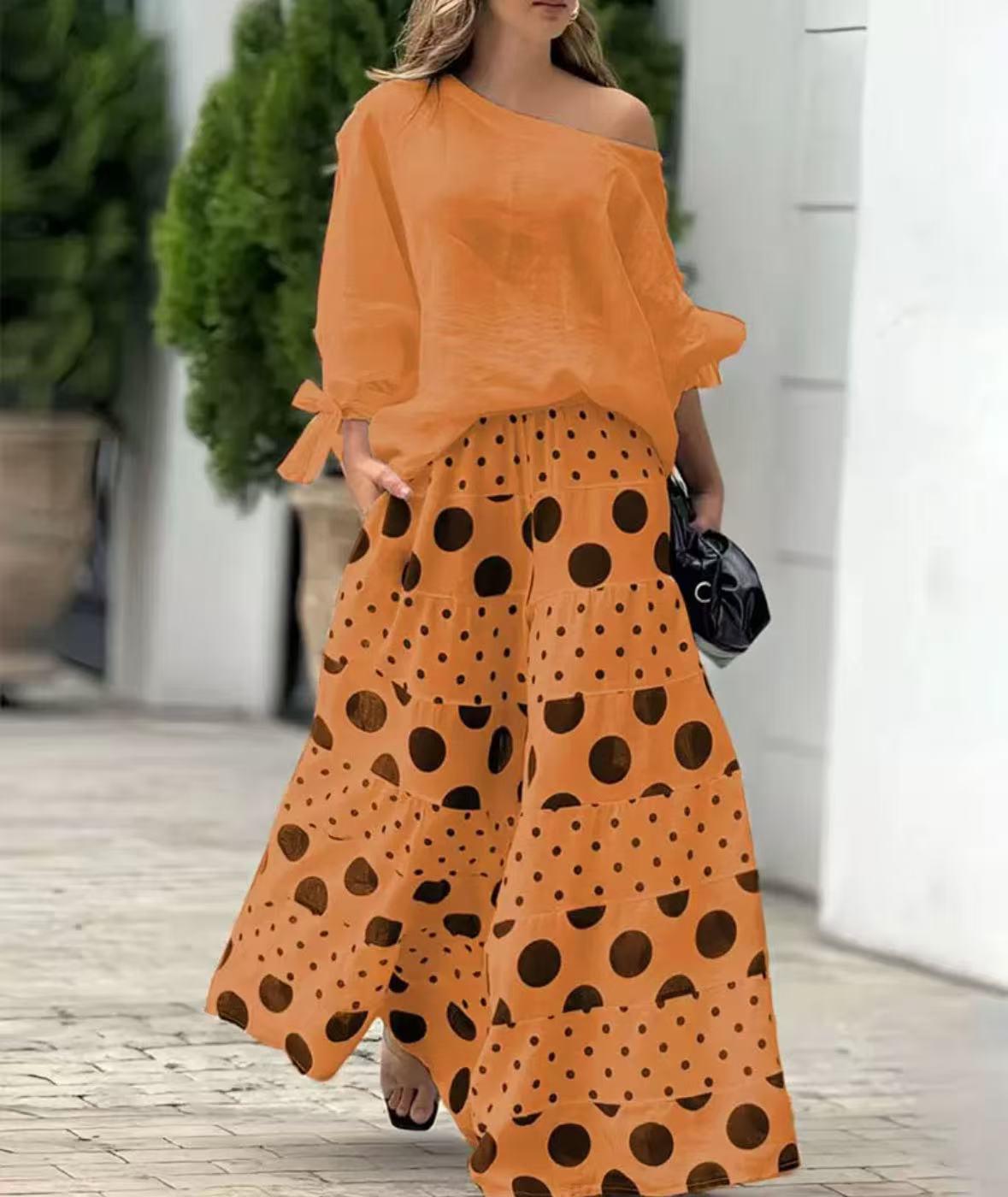 

2025 European & American Women s Polka Dot Casual 2-Piece Set: Shoulder Top & Pocket Pants Weight S: 293g-348.5g жовтий