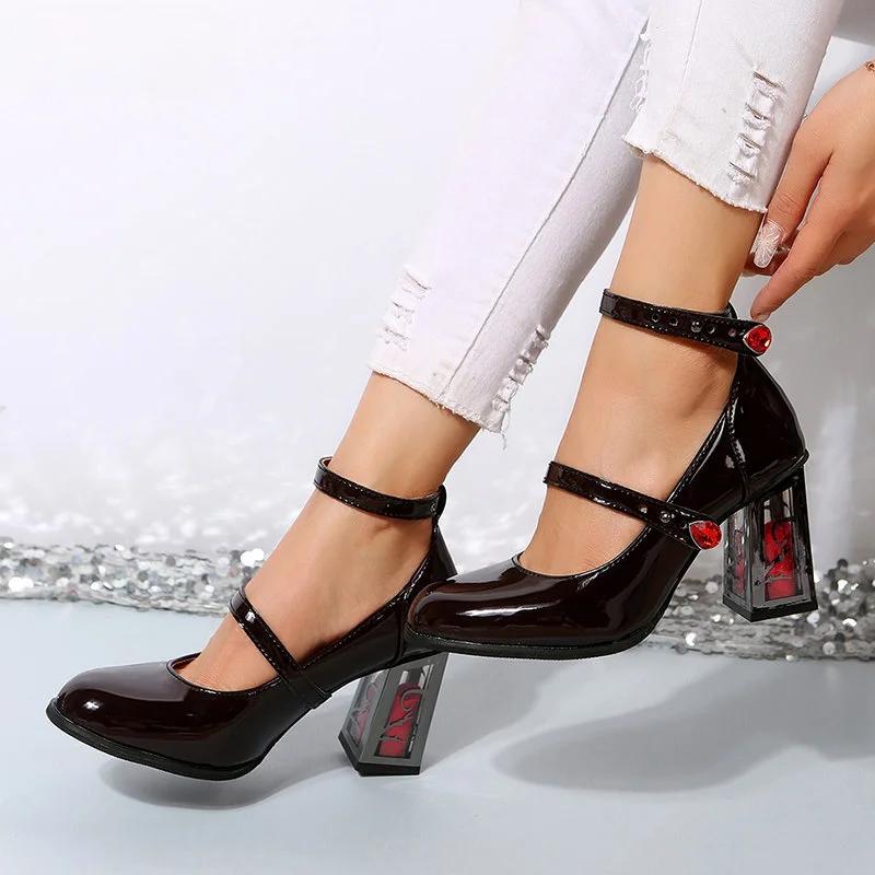 7CM Fashion Burgundy Platform Pumps Women High Heels Buckle Strap Mary Jane Shoes Lady Goth Heeled for Party 18 Girls' Gifts