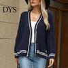 Women Casual Sweater Coat V-neck Long Sleeve Twist Texture Knitting Patchwork Color Single Breasted Loose Fit Elastic Outwear Knitwear