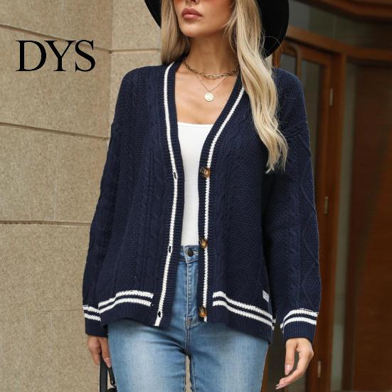 Women Casual Sweater Coat V-neck Long Sleeve Twist Texture Knitting Patchwork Color Single Breasted Loose Fit Elastic Outwear Knitwear